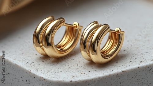 Elegant gold hoop earrings resting on a textured surface in soft natural light