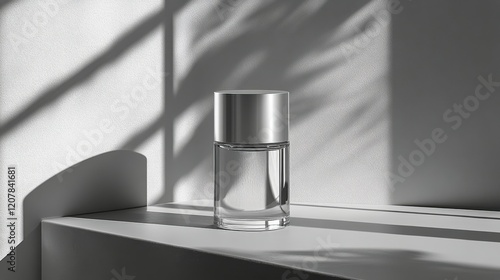 Elegant clear glass bottle casting shadows on a minimalistic surface in soft ...