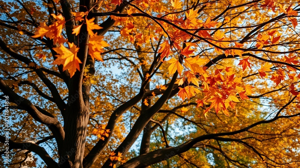 Vibrant Autumn Leaves on a Maple Tree Against a Clear Blue Sky Vibrant Autumn Leaves on a Maple Tree Against a Clear Blue Sky