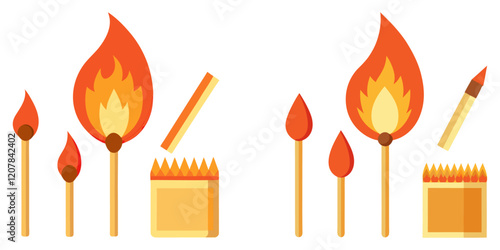 Collection of matches. Burning match with fire, opened matchbox,  illustration on white background2