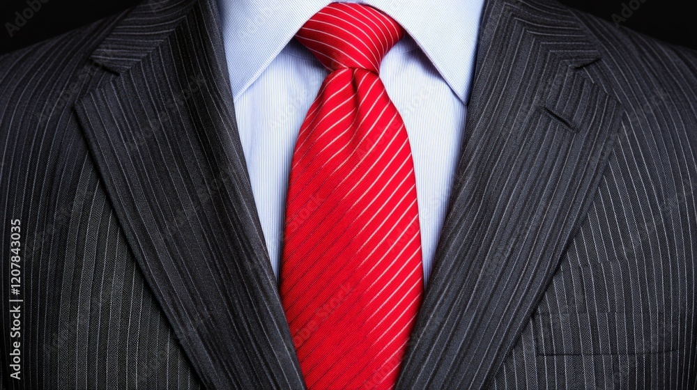 Red Tie, Power Dressing: Close-up shot of a man's dark pinstripe suit and a vibrant red tie, conveying power, confidence, and sophisticated style. Red Tie, Power Dressing: Close-up shot of a man's dark pinstripe suit and a vibrant red tie, conveying power, confidence, and sophisticated style.
