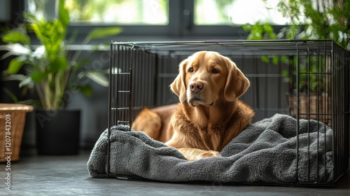 Golden retriever resting in cozy dog crate surrounded by indoor plants during...