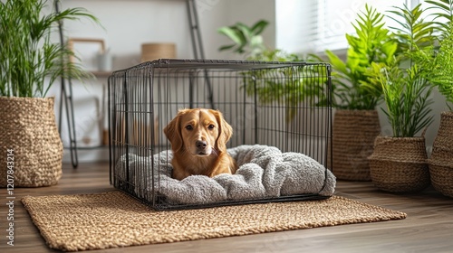Golden retriever resting in cozy dog crate surrounded by indoor plants during...