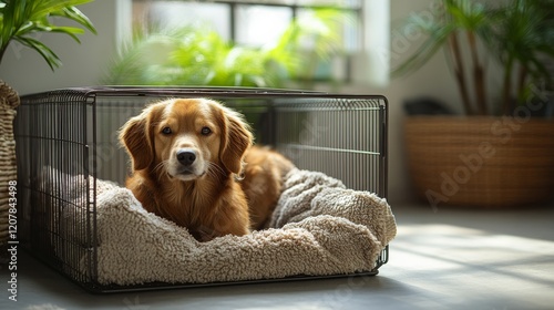 Golden retriever resting in cozy dog crate surrounded by indoor plants during...