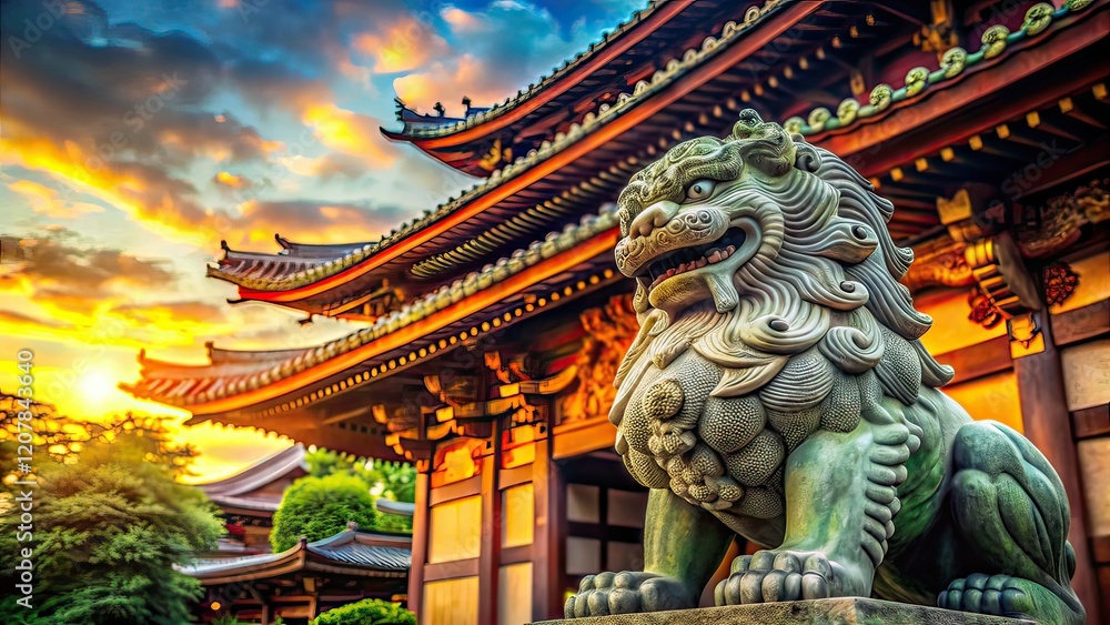 Fototapeta premium Japanese Temple Lion Statue, Art Deco, Photorealistic, Zen Garden, Spiritual, Ancient, Stone Carving, Ornate