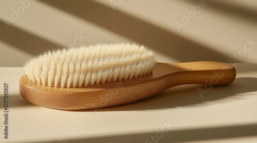 Natural wooden brush with soft bristles resting on a neutral background