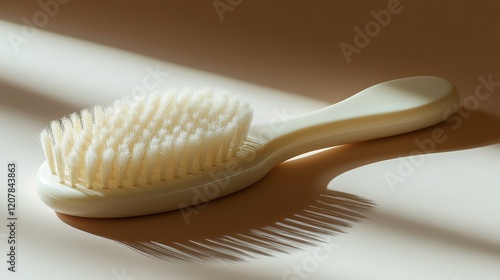 Natural wooden brush with soft bristles resting on a neutral background