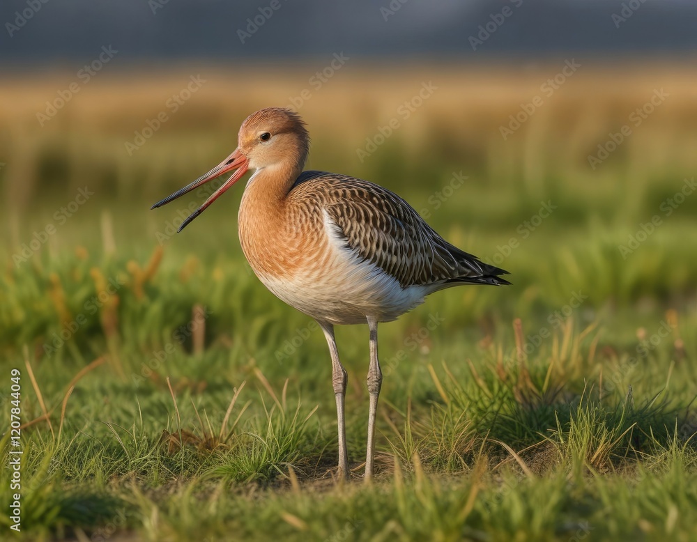 Black-tailed godwit walking on grassland in Dutch landscape with blurred background, migration, movement Black-tailed godwit walking on grassland in Dutch landscape with blurred background, migration, movement