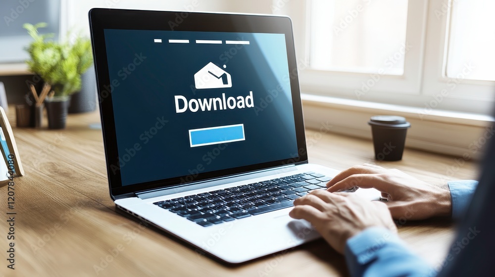 Person Using Laptop for Download on Table Person Using Laptop for Download on Table