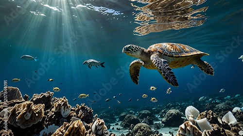 Majestic Sea Turtle Gracefully Swims in Sunlit Coral Reef photo