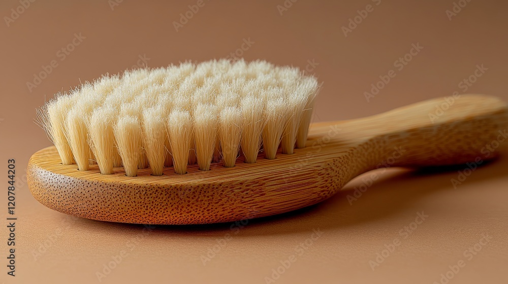 Natural wooden brush with soft bristles resting on a neutral background Natural wooden brush with soft bristles resting on a neutral background