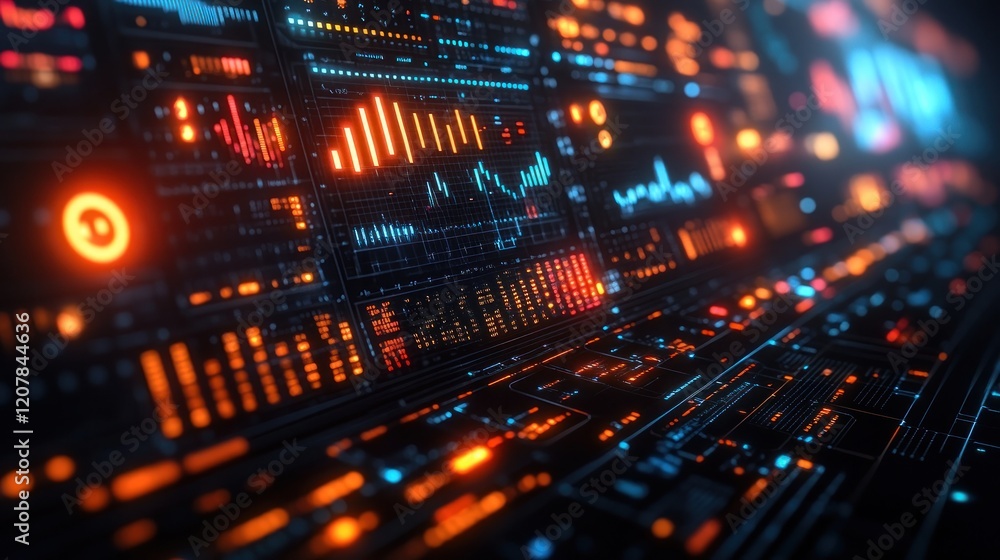 Futuristic Digital Interface Displaying Data Analytics and Visualizations in Neon Colors Futuristic Digital Interface Displaying Data Analytics and Visualizations in Neon Colors