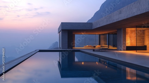 Luxury villa with modern pool and patio during sunset in a serene suburban ne...