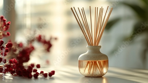 Decorative vases with dried flowers and aromatic diffuser in a sunlit room