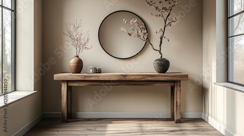 Stylish home decor featuring round mirror and pampas grass in a serene living...