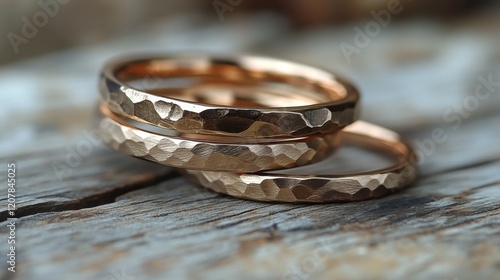 Beautiful handmade hammered rose gold rings on rustic wooden background
