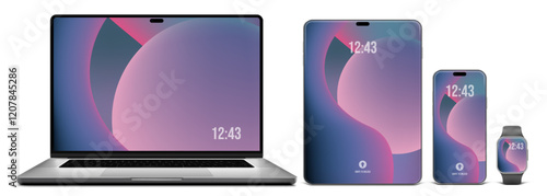 Modern electronic devices: laptop, tablet, smartphone, and smartwatch with a minimalist interface. Perfect for UI/UX presentations.