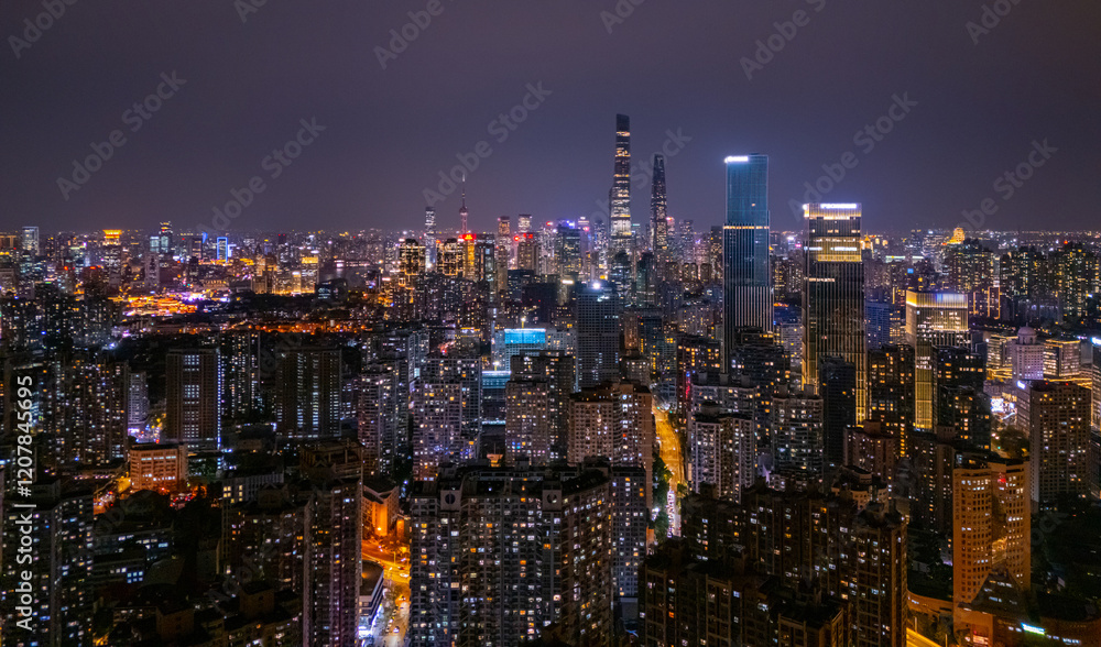 Fototapeta premium Aerial view of Shanghai skyline at night