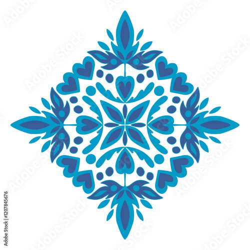 Symmetrical floral pattern blends azulejos, Gzhel, and Chinese porcelain styles. The diamond and mandala shapes and blue hues offer a vintage look for for home textiles.