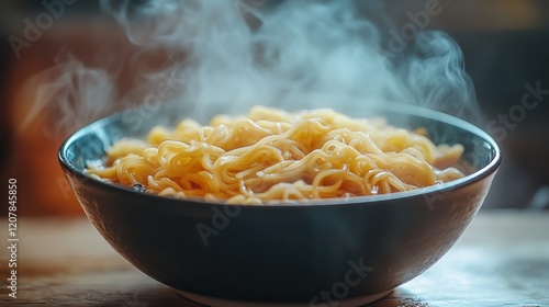 Delicious steaming bowl of noodles served in a black dish on a dark background