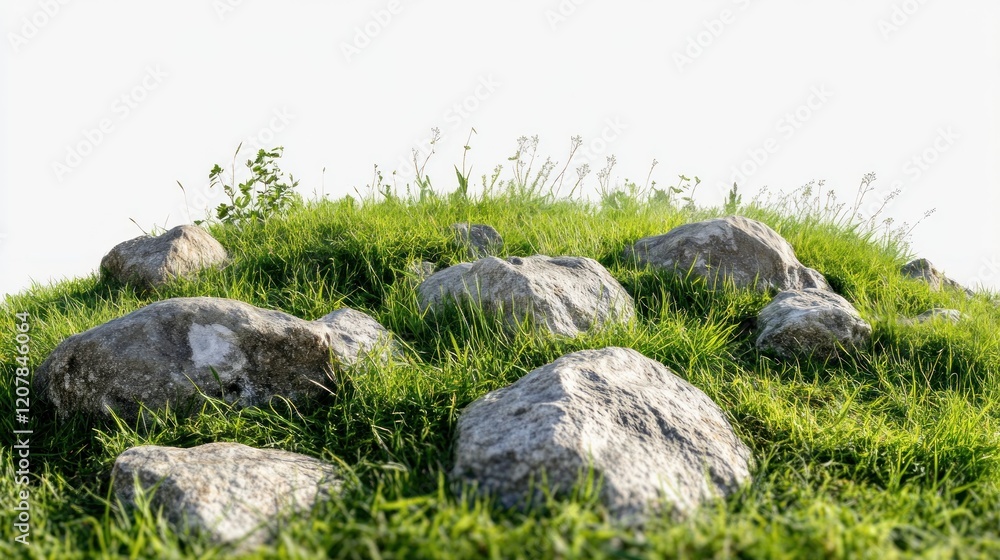 Grassy hilltop rocks, sunlit, isolated, nature background, website design Grassy hilltop rocks, sunlit, isolated, nature background, website design