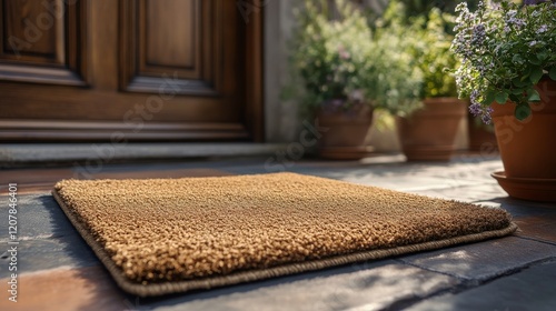 Front porch with a doormat leading to a blue door at sunset in a suburban home