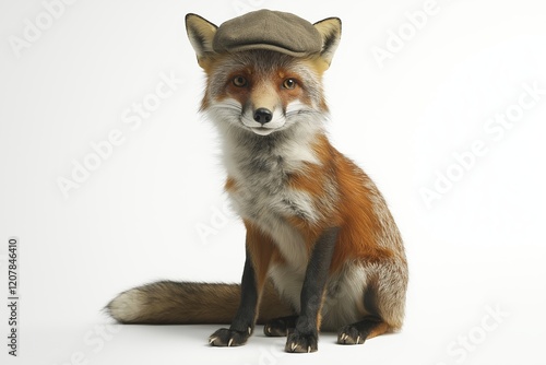 A charming fox in a flat cap poses elegantly, showcasing its vibrant fur and playful demeanor, blending elegance with a touch of whimsy. photo