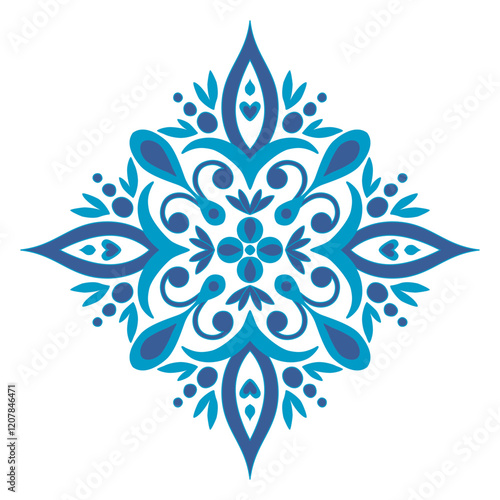 Symmetrical floral pattern blends azulejos, Gzhel, and Chinese porcelain styles. The diamond and mandala shapes and blue hues offer a vintage look for for home textiles.