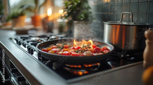 Cooking setup with fresh ingredients and a gas stove in a modern kitchen