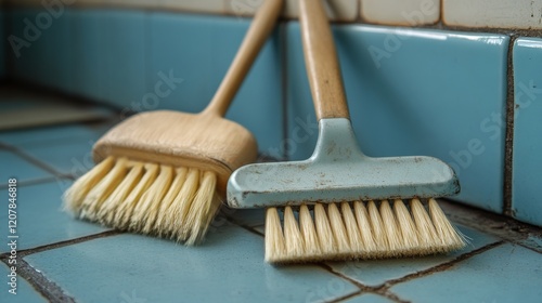 Cleaning tool resting on a tiled surface with dirt and grime during a home ma...
