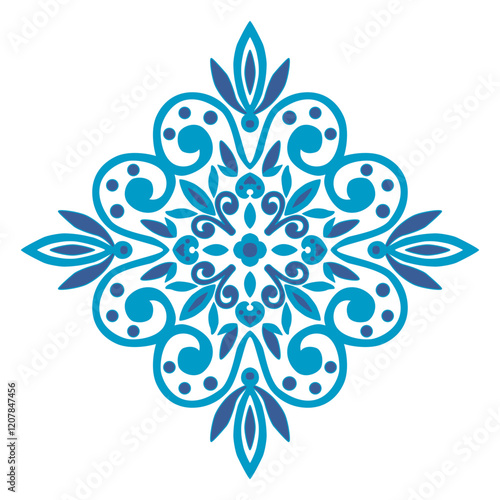 Symmetrical floral pattern blends azulejos, Gzhel, and Chinese porcelain styles. The diamond and mandala shapes and blue hues offer a vintage look for for home textiles.