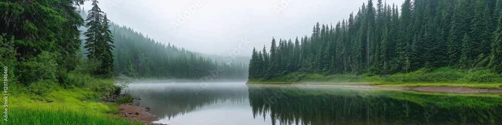 A forest with a lake in the background. The lake is calm and the trees are lush and green. The sky is overcast and the water is still A forest with a lake in the background. The lake is calm and the trees are lush and green. The sky is overcast and the water is still