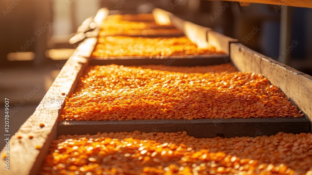 Rows of Vibrant Orange Lentils Sunlit in a Processing Facility Showcasing the Natural Beauty and Texture of Pulses Ready for Distribution and Culinary Use Rows of Vibrant Orange Lentils Sunlit in a Processing Facility Showcasing the Natural Beauty and Texture of Pulses Ready for Distribution and Culinary Use