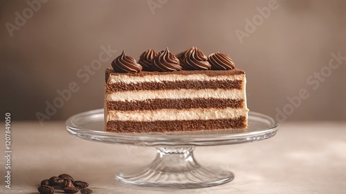 Coffee Tiramisu Cake on a Glass Stand. photo