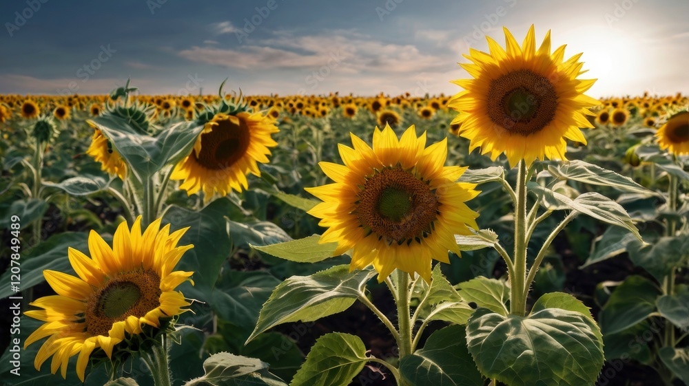 Obraz premium Field of vibrant yellow sunflowers.
