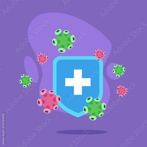 Blue shield with white cross against purple background, surrounded by viruses symbolizing health safety and protection