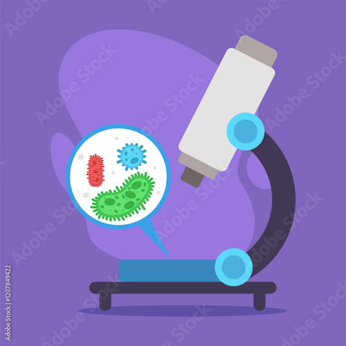 Microscope focused on slide containing various microorganisms. Exploration of bacteria and other tiny life forms concept