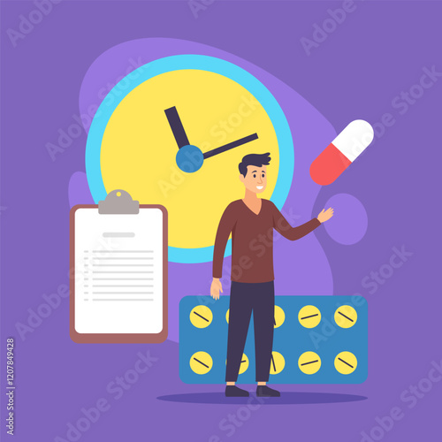 Male figure standing in front of large clock, holding capsule in one hand. Clipboard and a strip of pills in the background. Medication management concept