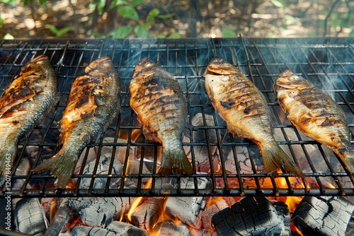 Savor the smoky flavor of grilled fish on a charcoal grill, surrounded by sizzling coals and smoke.