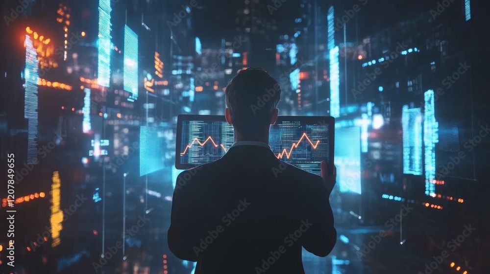 Analyst reviewing data charts amidst digital city backdrop Analyst reviewing data charts amidst digital city backdrop