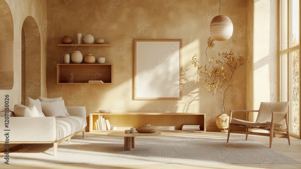 Fototapeta premium A warm and inviting wooden home living room features a shelf adorned with stylish decorations, a large window allowing natural light, and a mockup frame for personalized artwork or photos.