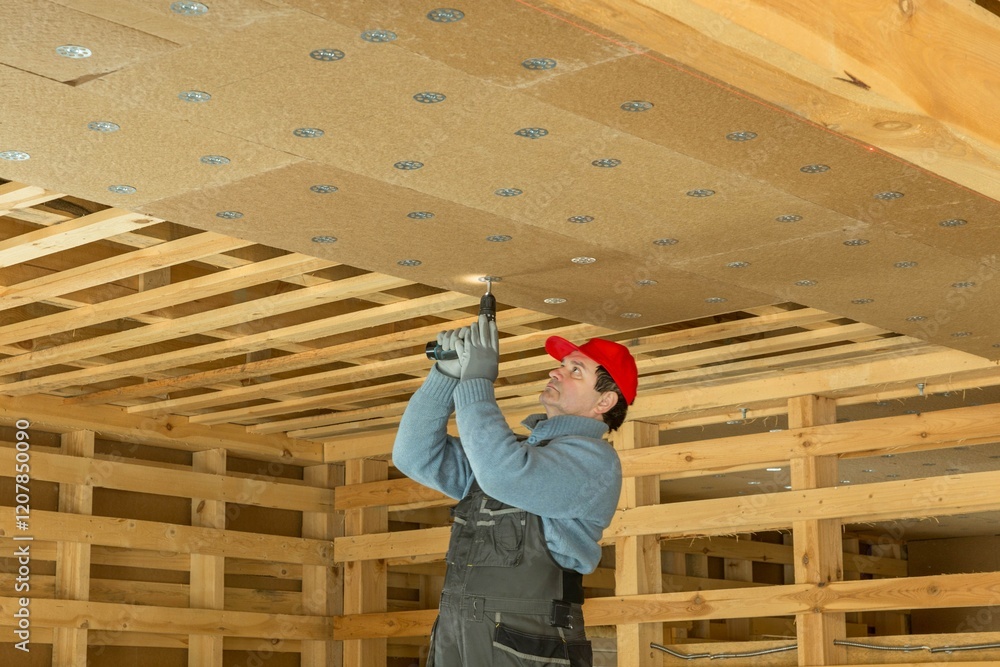 Fototapeta premium Construction worker thermally insulating eco wooden frame house