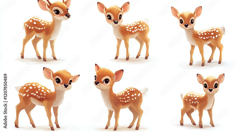 Obraz premium Cute adorable little deer depicted in different poses. Cute watercolor baby dear. Bambi portrait set on white background.