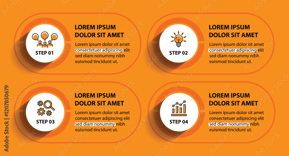 Naklejka premium 4 steps infographic template with 4 options. Flowchart that can be used for business report, data visualization and presentation. Timeline infographic elements vector illustration.