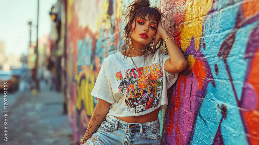 Fototapeta premium Young woman showcases edgy street style against vibrant graffiti backdrop in urban setting