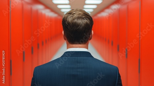 Data Center Enigma: A businessman, seen from behind, walks down a long corridor of red server racks, creating a sense of mystery and technological depth. The image evokes themes of data, technology. photo