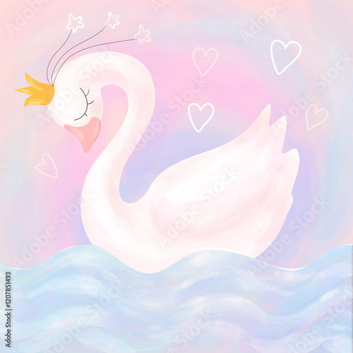 Cute swan princess with crown on a soft pink background, t-shirt, baby shower, greeting card, kid clothes template. Vector illustration.