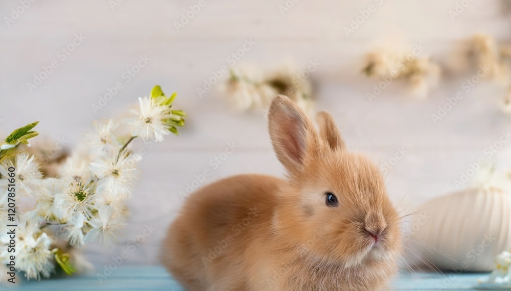 Cute fluffy rabbit surrounded by delicate spring blossoms, exploring its cozy environment indoors Cute fluffy rabbit surrounded by delicate spring blossoms, exploring its cozy environment indoors