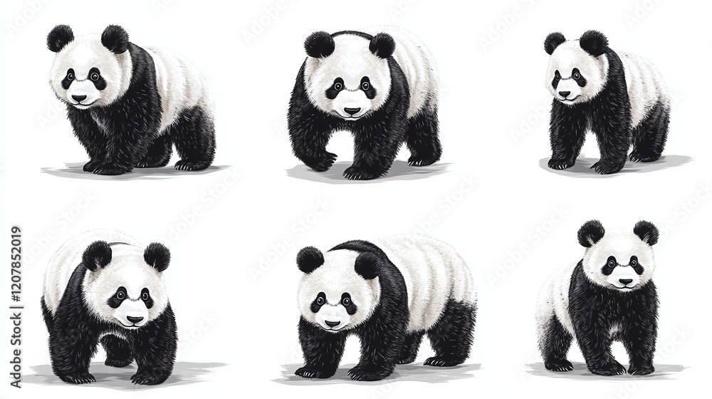 Fototapeta premium Set of Pandas Isolated on White. Clipart, blanks for collage
