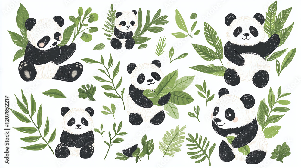 Fototapeta premium Set of different Panda characters. Isolated on white background. Wild animal cartoon design of panda in different pose, bamboo, sitting, sleeping. Adorable bear mascot illustration for sticker.